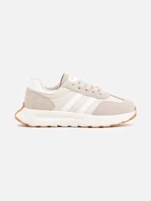 Beżowe Buty Sportowe Sneakersy Zapinane na Rzep ze Skórzaną Wkładką Ladru Apawwa