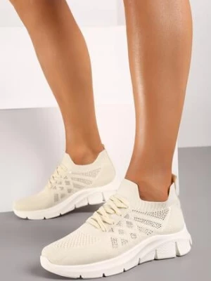 Beżowe Buty Sportowe Wsuwane ze Skórzaną Wkładką i Cyrkoniami Patantia