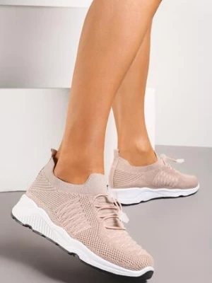 Beżowe Buty Sportowe z Metaliczną Nitką i Gumką ze Stoperem Qiliara