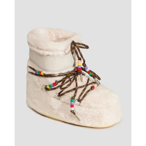 Beżowe Buty Zimowe Damskie Moon Boot Resort Icon Low Faux Fur Beads