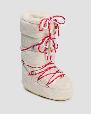 Beżowe buty zimowe futrzane damskie Moon Boot Icon Faux Fur Beads