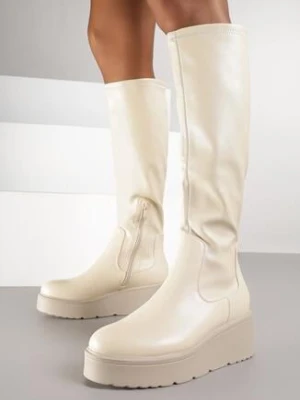 Beżowe Casualowe Kozaki na Platformie z Okrągłym Noskiem Tirinita