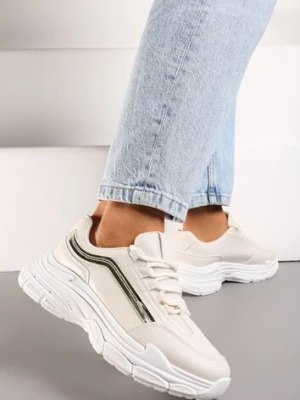 Beżowe Casualowe Sneakersy z Ekoskóry z Ozdobnymi Wstawkami i Sznurowaniem Melindia