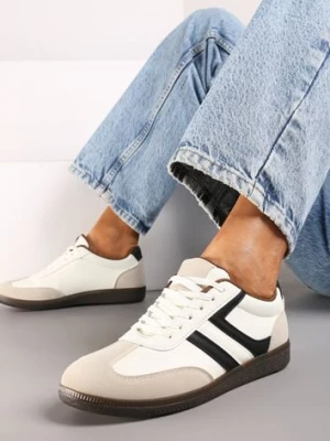 Beżowe Casualowe Sneakersy z Geometrycznymi Wzorami i Kontrastowymi Przeszyciami Riandrea