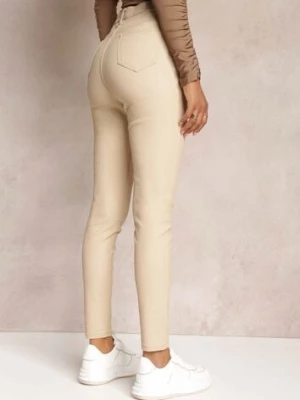Beżowe Casualowe Spodnie Skinny o Modelującym Fasonie Elovi
