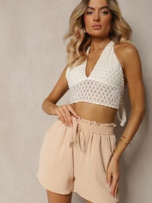 Beżowe Casualowe Szorty Bermudy High Waist Wykończone Gumką w Pasie Otanea