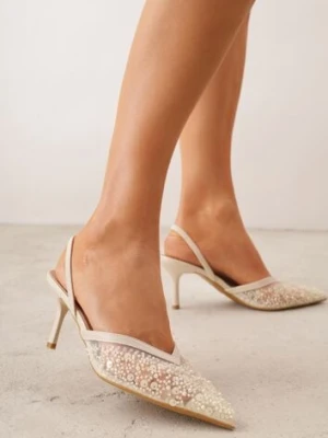 Beżowe Cekinowe Czółenka VICES Slingback na Szpilce z Noskiem w Szpic Ozdobione Perłami i Koralikami Kleomene