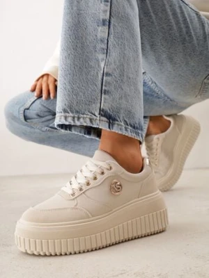 Beżowe Chunky Sneakersy VICES z Aplikacją na Platformie ze Żłobieniami Ilunatesa