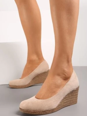 Beżowe Czółenka Vices na Koturnie z Błyszczącej Plecionki ze Skórzaną Wkładką Utruste