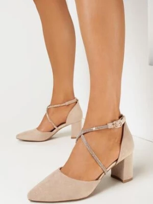 Jasnobeżowe Czółenka na Niskim Słupku ze Sprzączką i Ozdobnymi Paskami Adomia