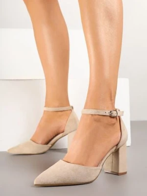 Beżowe Czółenka na Obcasie ze Skórzaną Wkładką i Paskiem Wokół Kostki Veliona purlina