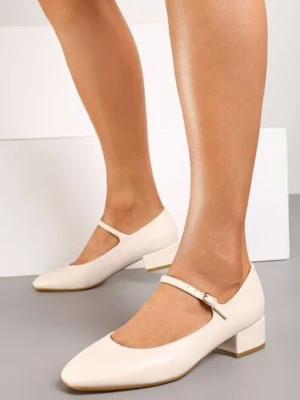 Beżowe Czółenka na Słupku Mary Jane Ozdobione Paskami Omevira