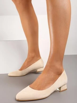 Beżowe Czółenka na Słupku Ozdobione Metalicznymi Wstawkami Oanest