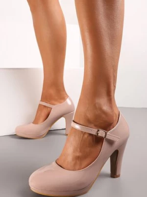 Beżowe Czółenka na Słupku z Lakierowanym Wykończeniem Zabdi