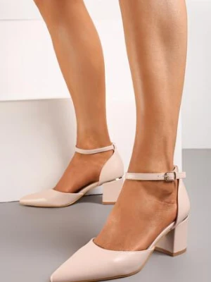 Beżowe Czółenka na Słupku z Metaliczną Wstawką i Sprzączką Ragitta