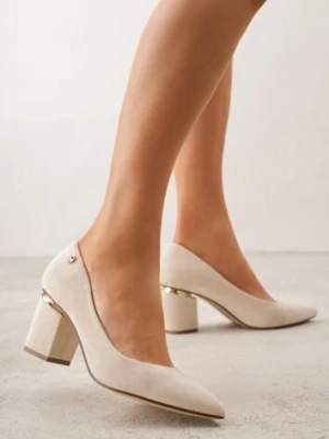 Beżowe Czółenka na Słupku z Wkładką ze Skóry Naturalnej i Metaliczną Ozdobą Dynaste