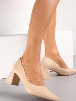 Beżowe Czółenka na Stożku z Imitacji Zamszu ze Szpiczastym Noskiem Resamee