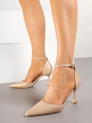 Beżowe Czółenka na Szpilce Ozdobione Paskiem Wokół Kostki Eleadina