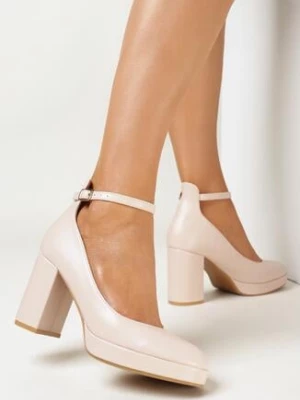 Beżowe Czółenka na Wysokim Kwadratowym Słupku oraz Platformie z Zapięciem na Sprzączkę Deyla