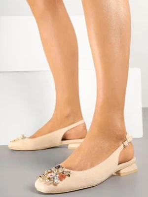 Beżowe Czółenka Slingback Vices z Cyrkoniami i Wkładką ze Skóry Eklina