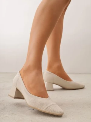 Beżowe Czółenka VICES na Niskim Obcasie z Elastycznej Dzianiny z Amortyzującą Wkładką Zaehira