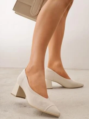 Beżowe Dzianinowe Czółenka VICES na Stożkowym Obcasie z Amortyzującą Wkładką Jennibelle