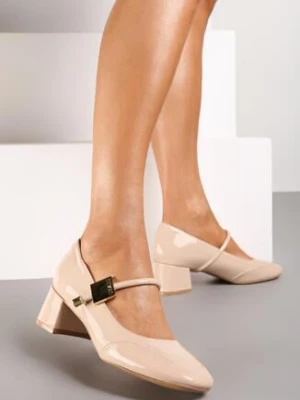 Beżowe Czółenka Wsuwane na Niskim Słupku z Ozdobną Aplikacją Ittelora