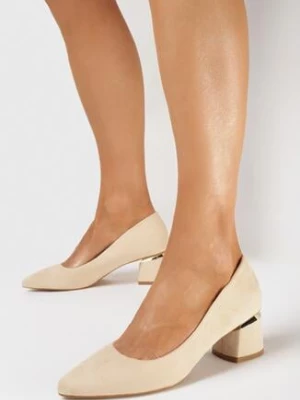 Beżowe Czółenka z Ekozamszu z Wkładką ze Skóry z Ozdobną Metalową Wstawką Sellame