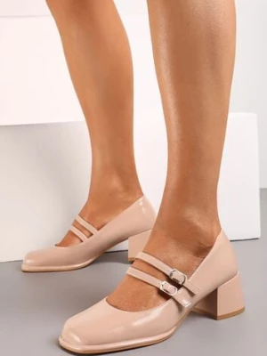 Beżowe Czółenka z Lakierowanej Ekoskóry na Słupku ze Sprzączkami Danida