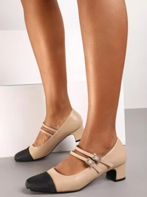 Beżowe Czółenka z Ozdobnym Noskiem na Niskim Słupku ze Sprzączkami Mevanae