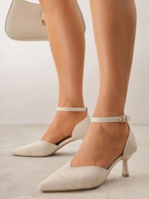 Beżowe Czółenka z Tkaniny VICES na Niskim Obcasie z Paskiem Wokół Kostki i Wkładką Soft-Step Xylieth