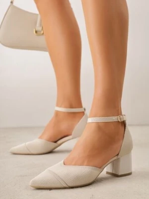 Beżowe Czółenka ze Sportowej Tkaniny VICES na Słupku z Paskiem przy Kostce Loraira