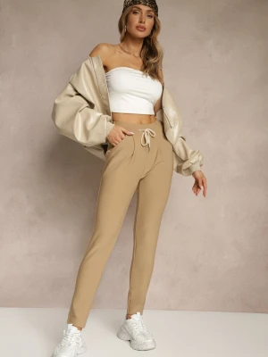 Beżowe Dopasowane Spodnie High Waist z Gumką i Wiązaniem w Talii Zelpia Yu & Me