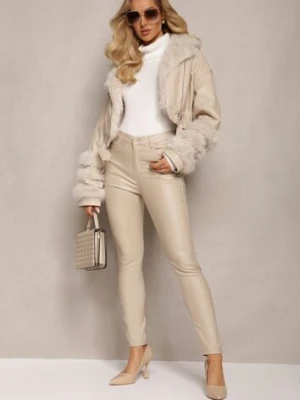 Beżowe Dopasowane Spodnie Push Up z Imitacji Skóry Lindrela daysie