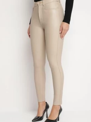 Beżowe Dopasowane Spodnie z Imitacji Skóry Viremi defox
