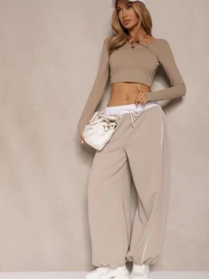 Beżowe Dresowe Spodnie z Wiskozą High Waist Ozdobione Lampasami Maiviona jumelle