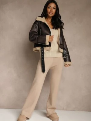 Beżowe Dzianinowe Spodnie Wide Leg z Ociepleniem Miosea j&x