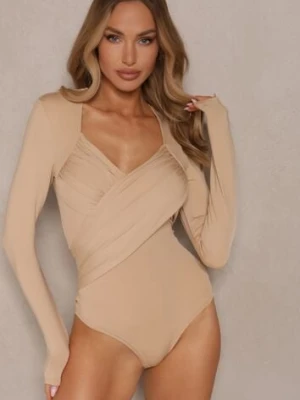 Beżowe Eleganckie Body Longsleeve z Ozdobnym Marszczeniem Zimanya