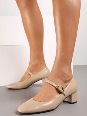 Zdjęcie produktu Beżowe Eleganckie Czółenka na Słupku z Paseczkiem i Klamerką Daisly