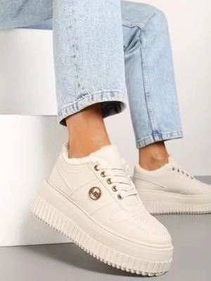 Beżowe Eleganckie Sneakersy na Grubej Żłobionej Podeszwie z Metalową Ozdobą Werizia