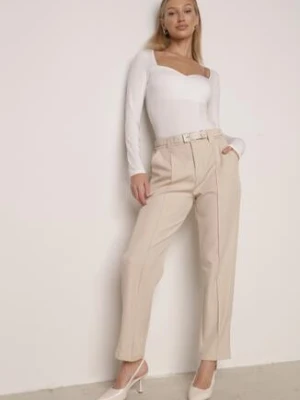 Beżowe Eleganckie Spodnie Cygaretki z Wysokim Stanem i Paskiem z Klamerką Diminas