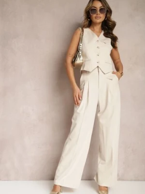 Beżowe Eleganckie Spodnie Garniturowe z Wysokim Stanem Lainiva bisou's project