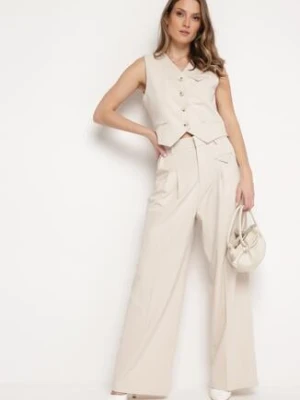 Beżowe Eleganckie Spodnie w Garniturowym Stylu z Zakładkami Illthai bisou's project