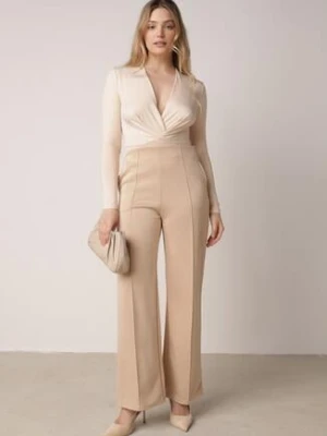 Beżowe Eleganckie Spodnie z Bawełny i Wiskozy w Kant Valelia