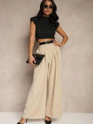 Beżowe Eleganckie Szerokie Spodnie Garniturowe z Wiskozą Ozdobione Paskiem Ravinae lovery