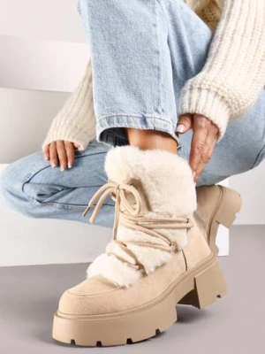 Beżowe Futerkowe Botki Śniegowce na Tłoczonej Podeszwie Savalithea