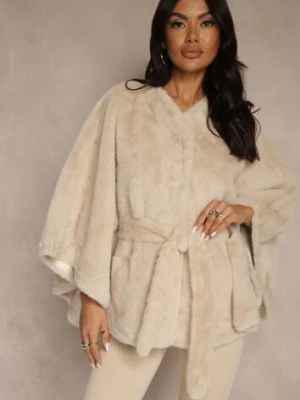 Beżowe Futerkowe Ponczo Ozdobione Paskiem Monareva