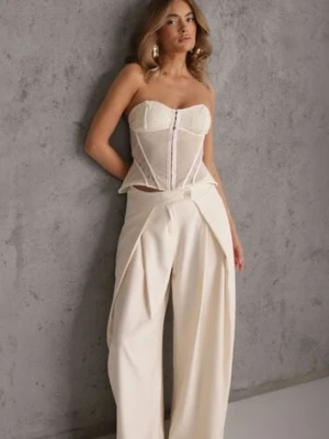 Beżowe Garniturowe Spodnie High Waist Wide Leg z Zakładkami w Pasie Philisia jumelle
