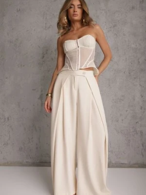 Beżowe Garniturowe Spodnie High Waist Wide Leg z Zakładkami w Pasie Philisia jumelle