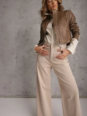 Beżowe Jeansy High Waist Wide Leg z Bawełny z Naszytymi Kieszonkami Yrelelin milas91